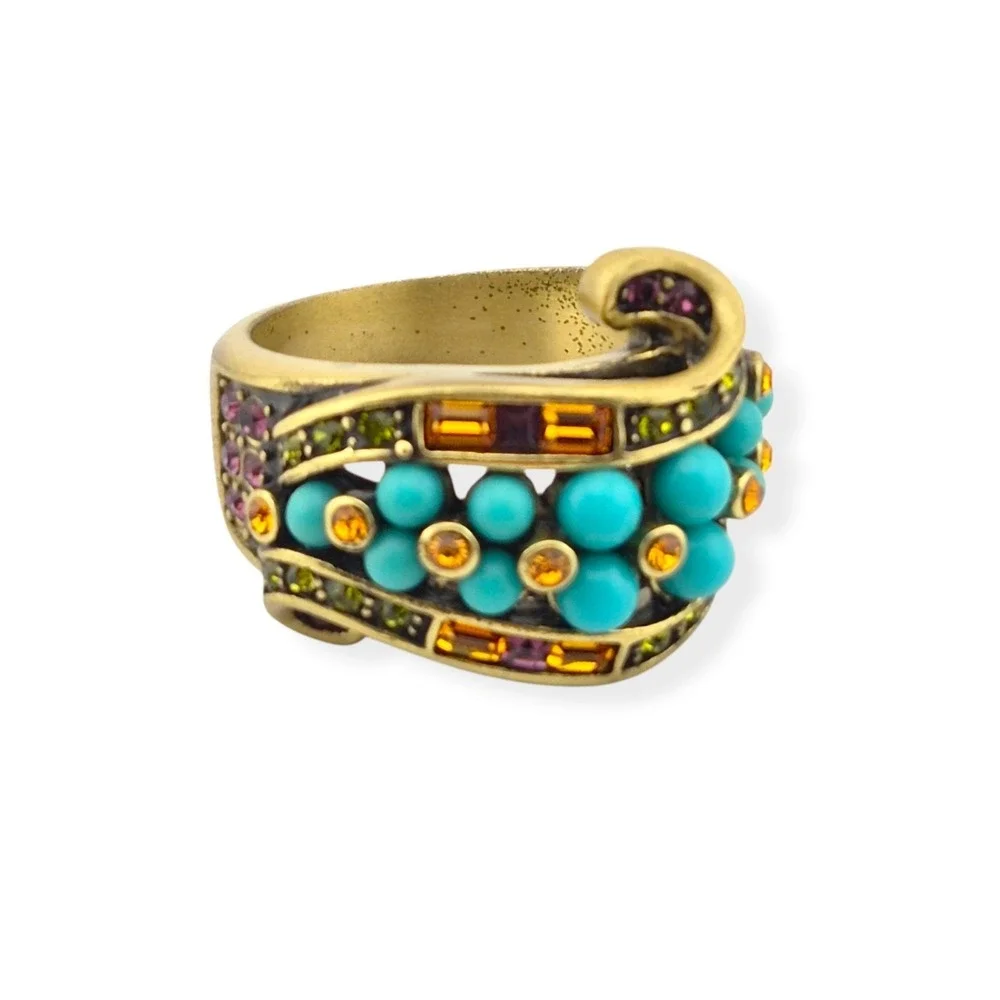 Heidi Daus Faux Turquoise Crystal Ribbon Cocktail Ring Bronzetone Sz10 Art Deco
